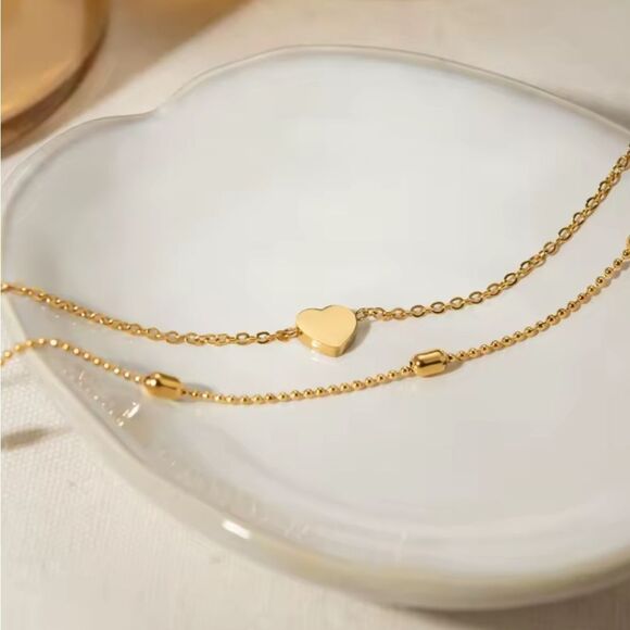 New 18k Gold Ss  Double Anklet / Bracelet Cable & Ball Chain Heart Charm Detail - Picture 2 of 7